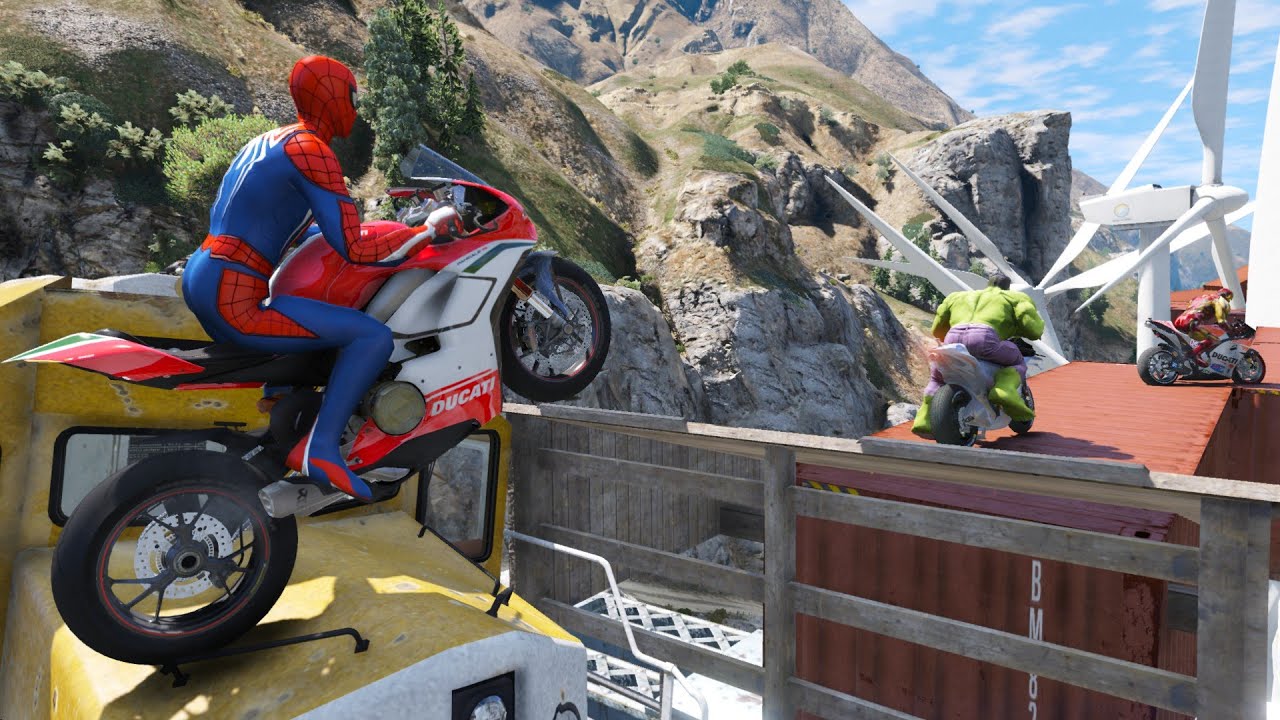 Spiderman Motorcycle Stunt Parkour Racing Challenge with SUPERHEROES