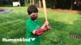 Eight-year-old tries on Iron Man prosthetic arm | Humankind