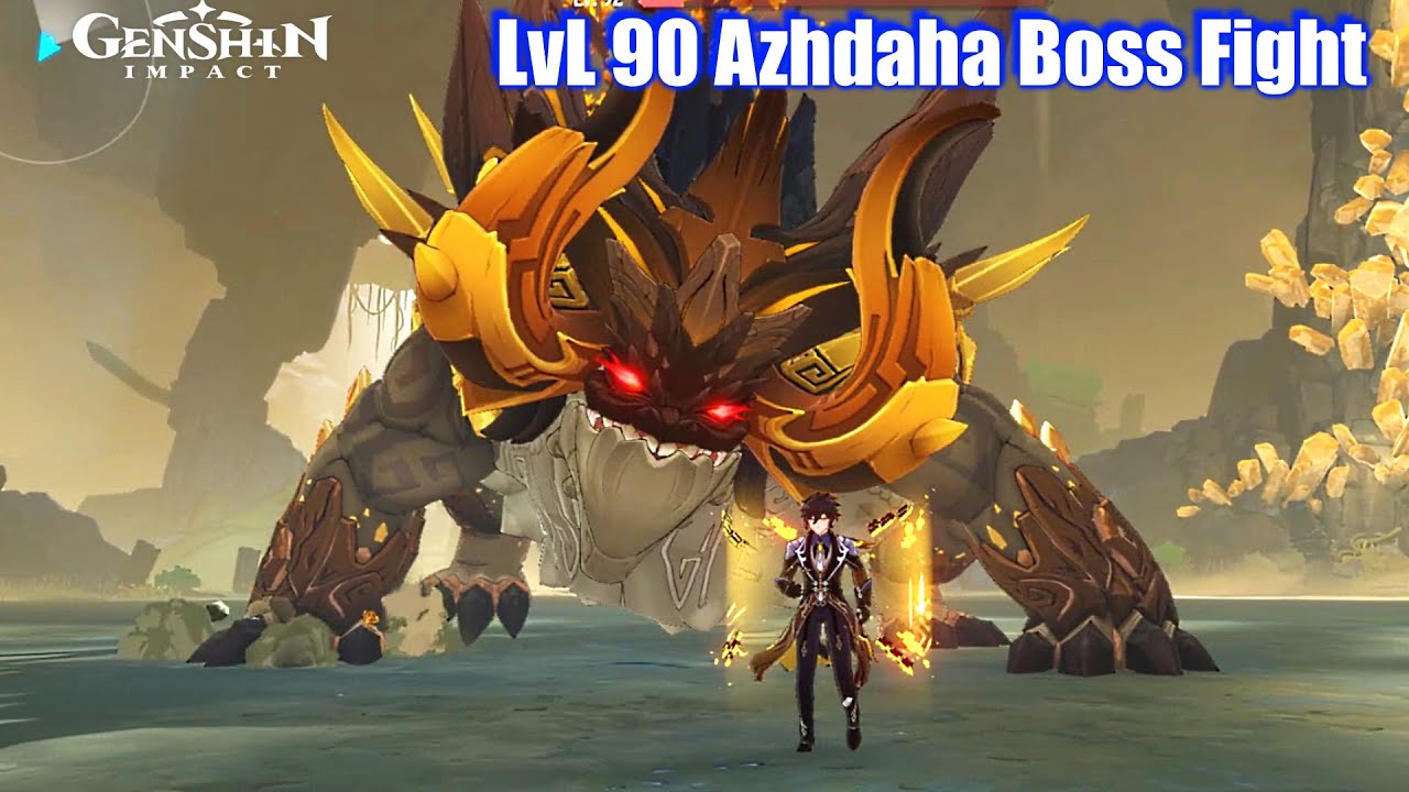 Genshin Impact - LvL 90 Azhdaha Dragon Boss Fight - Game videos