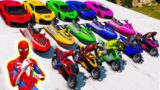 GTA V Awesome Mega Ramps By SUPERCARS, JET SKY & MOTORCYCLE With SPIDERMAN & HERO