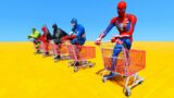 RACING FUNNY VEHICLE Spiderman With Superheroes – Cart Shopping Ramp Challenge – GTA V MODS