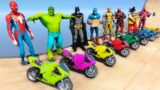 TEAM Superheroes Motorcycles Mega Rampa Challenge in the GTA V City Spider-Man Batman Goku – GTA 5