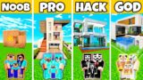 Minecraft, But CONTEMPORARY PRETTY HOUSE BUILD CHALLENGE – NOOB vs PRO vs HACKER vs GOD