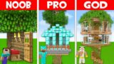 RARE TREEHOUSE BUILD CHALLENGE! NOOB BUILD HOUSE INSIDE TREE in Minecraft NOOB vs PRO vs GOD!