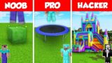 TRAMPOLINE BASE HOUSE BUILD CHALLENGE – NOOB vs PRO vs HACKER / Minecraft Battle Animation