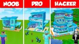 DIAMOND MODERN BASE HOUSE BUILD CHALLENGE – NOOB vs PRO vs HACKER / Minecraft Battle Animation