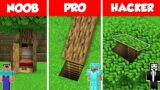SECRET BASE INSIDE TREE HOUSE BUILD CHALLENGE – NOOB vs PRO vs HACKER / Minecraft Battle Animation